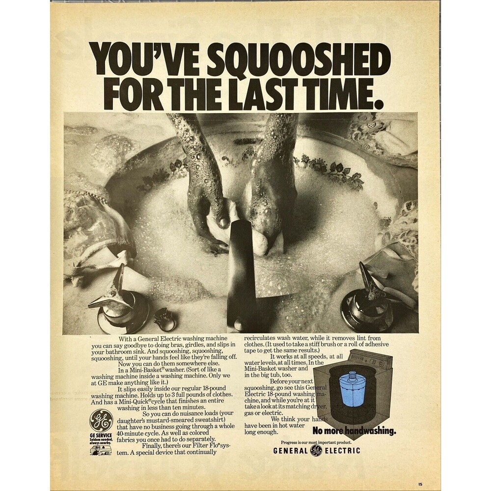 General Electric Washing Machine "No More Handwashing" Vintage Print Ad 1970